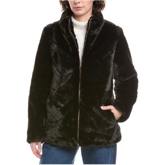 NWT Via Spiga Grooved Faux Fur Chevron Jacket Black Large - Picture 1 of 6